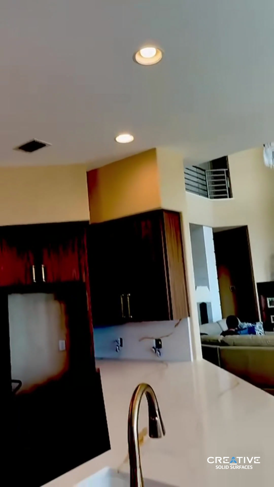Quartz kitchen, installed Walnut cabinets, gold hardware, quartz...